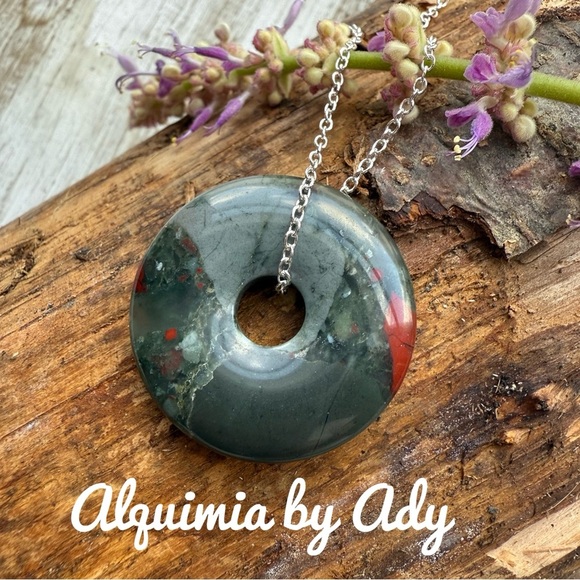 Blood Agate donut medallion 925 sterling silver dainty chain necklace - Picture 1 of 4